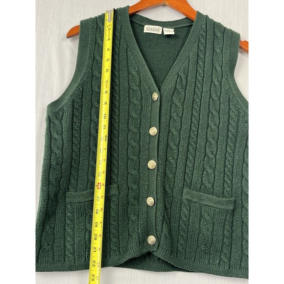 Vintage Preppy Old Money Green Cable Knit Sweater Vest Gold Buttons Small - Picture 8 of 9